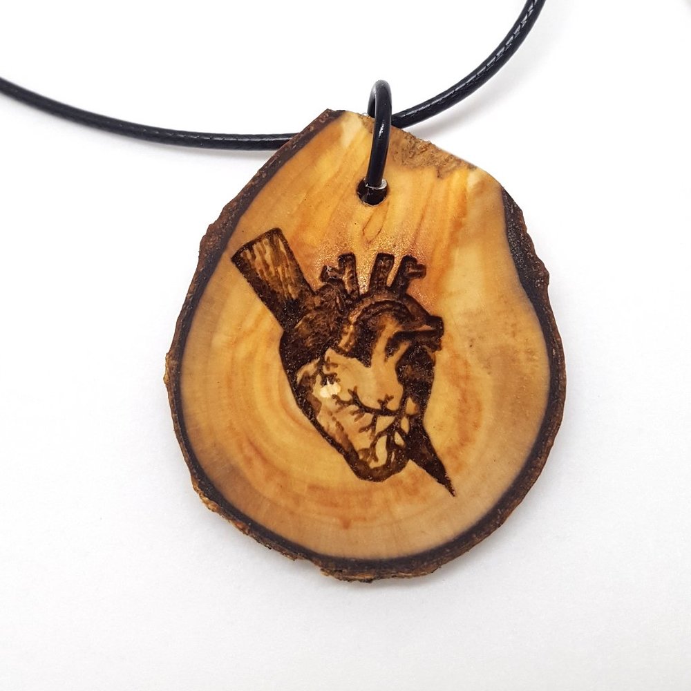 Staked Vampire Heart Wood Round Pendent Necklace